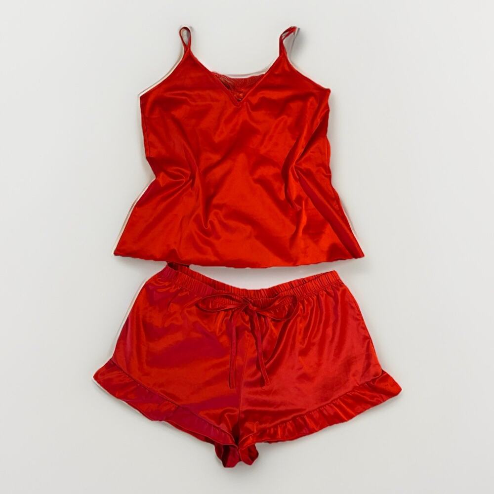 Women’s Rachel Roy Lingerie Set Satin Red Pajamas Tanktop & Shorts Sexy Lace Bow
